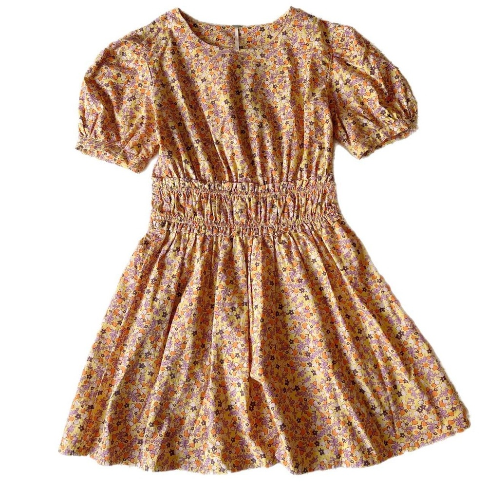Free People Size XS Pennie Mini Dress Puff Sleeve Yellow Purple Orange Floral